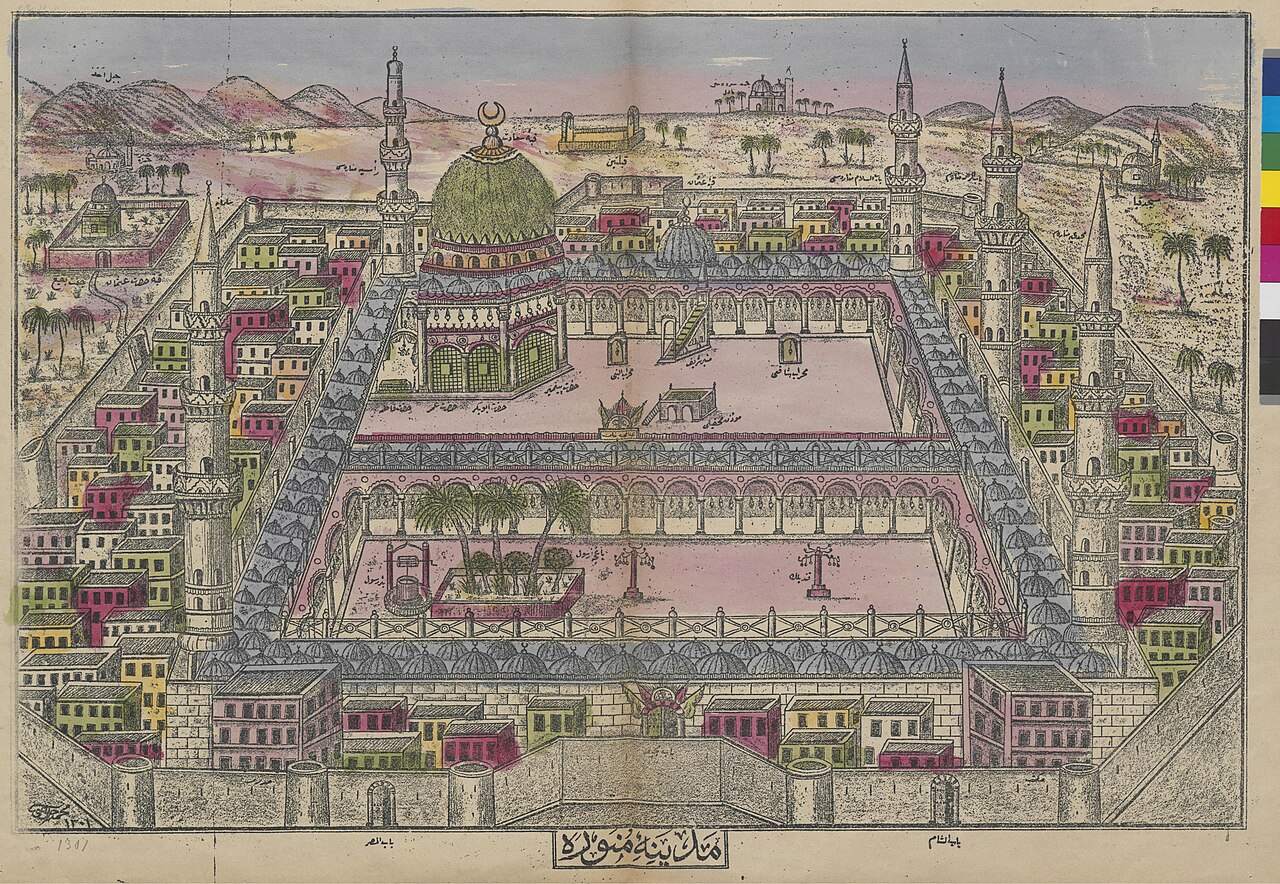 Litograf Utsmani sekitar 1883: kota Madinah dengan masjid berkubah hijau dikelilingi menara
