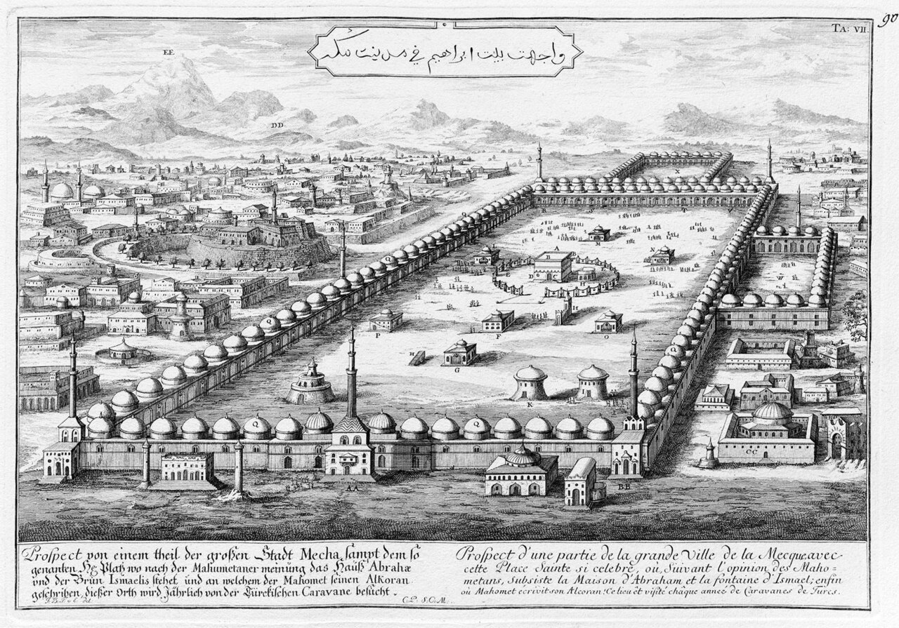 Gambar cetak tahun 1721: Masjidil Haram dan kota Makkah dilihat dari ketinggian